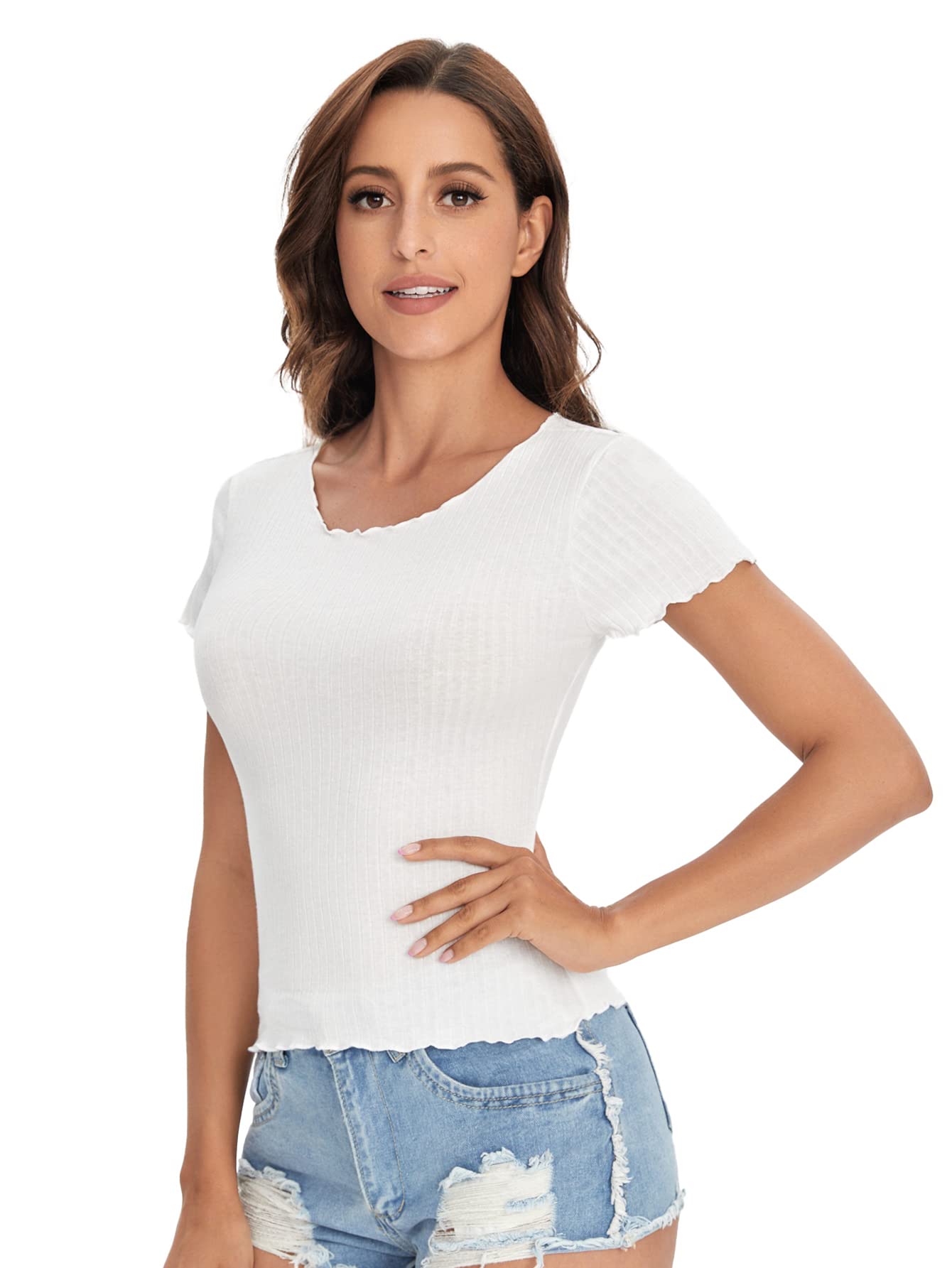 SweatyRocks Women's Solid Crew Neck Ribbed Knit Short Sleeve Crop Top T Shirts