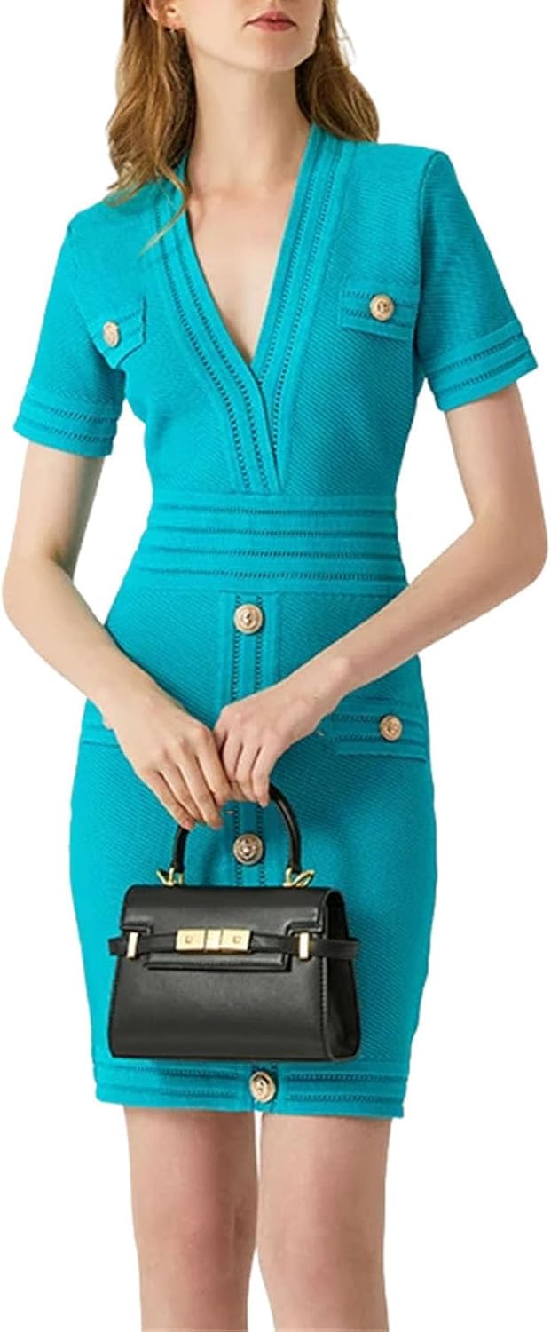 Women's Short Sleeve Suit Dress Sheath Knit V Neck Short Sleeve Black Hole Mini Casual Straight Elastic Dress
