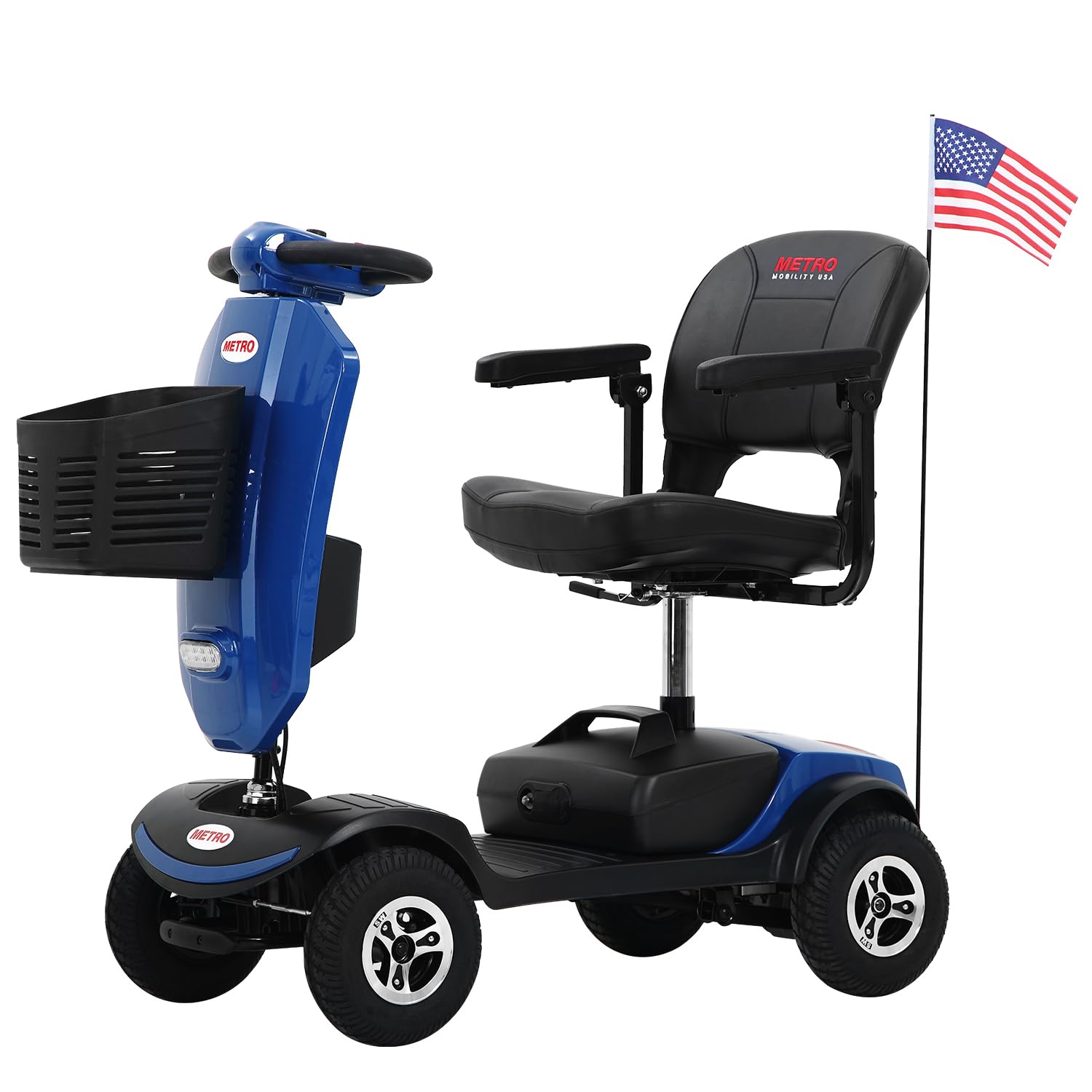 4 Wheel Mobility Scooter Foldable Mobility Scooter for Adults & Seniors 300 lbs Capacity Compact for Travel Long Range Power Extended Battery with Charger Basket and Front LED Light -Blue