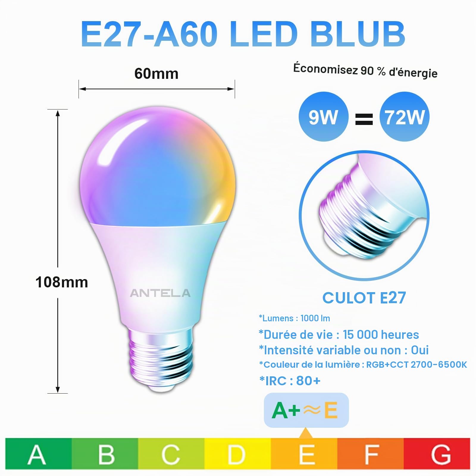 ANTELA Ampoule Connectée E27 WiFi 9W 1000LM Ampoule LED Intelligente RGB+CCT 2700K-6500K, Compatible avec Alexa Google Home, Smart Life APP, Commande Vocale, 4PCs