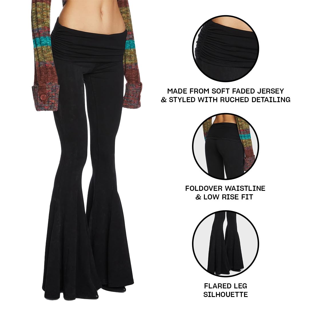 Dolls Kill Dew Morning Flare Pants by Current Mood – Ruched Jersey, Foldover Waistline, Low Rise Fit with Flared Leg
