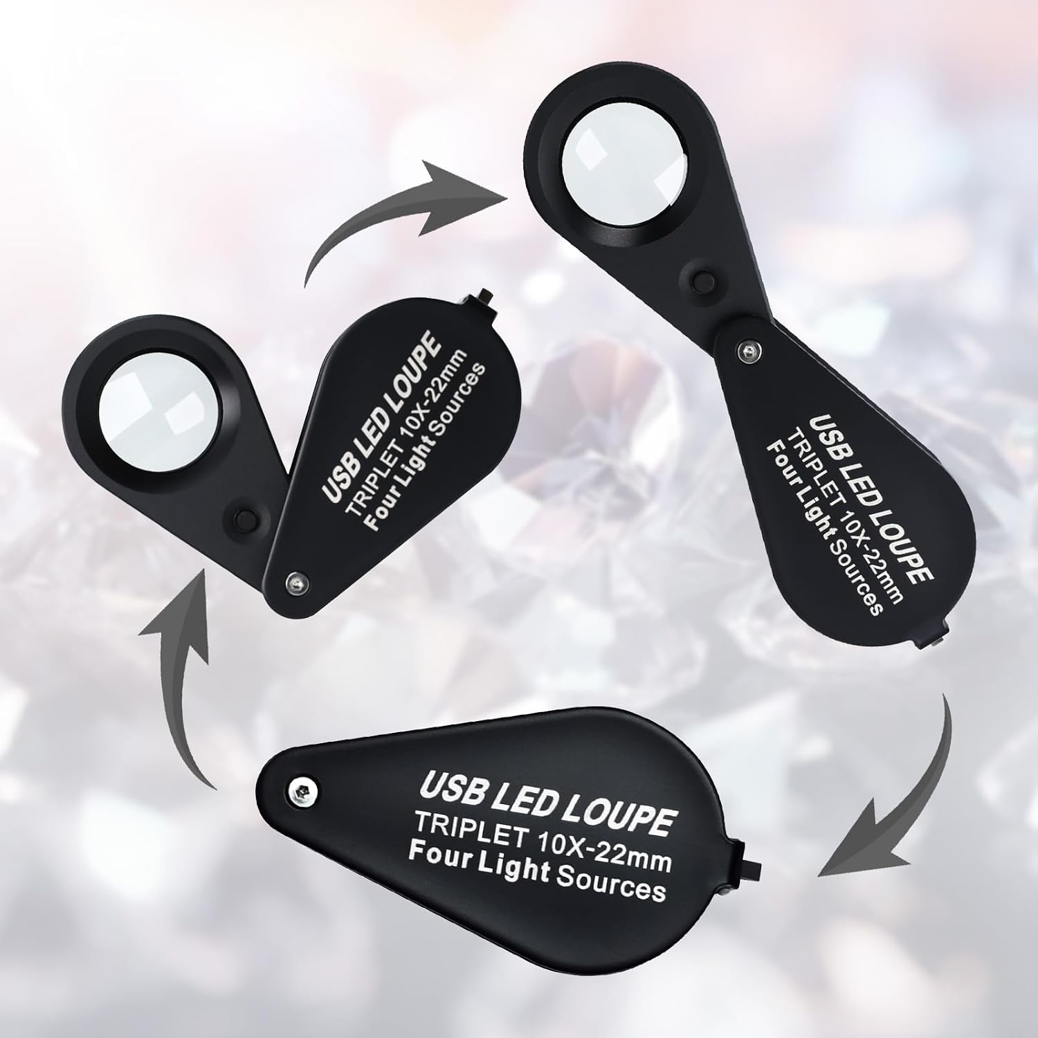 10X Jewelers Loupe with UV & LED Lights, Rechargeable Jewelry Magnifying Glass with Four Light Modes,22mm Portable Pocket Folable Loupe Jewelry Magnifier for Jewelry, Rocks, Coins (Black)