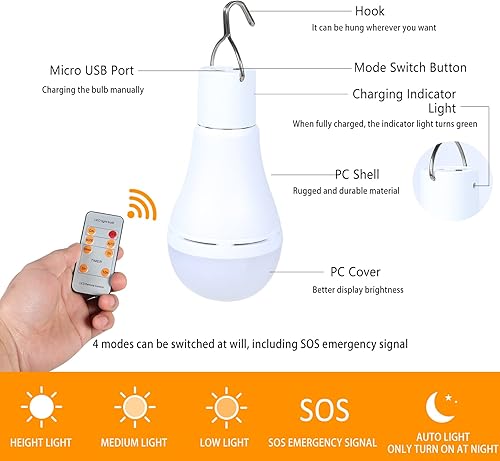 Miniatura 3 de CCGKX Bombillas solares recargables con temporizador remoto 4 modos de farol alimentado por energía solar para interiores y exteriores gallinero