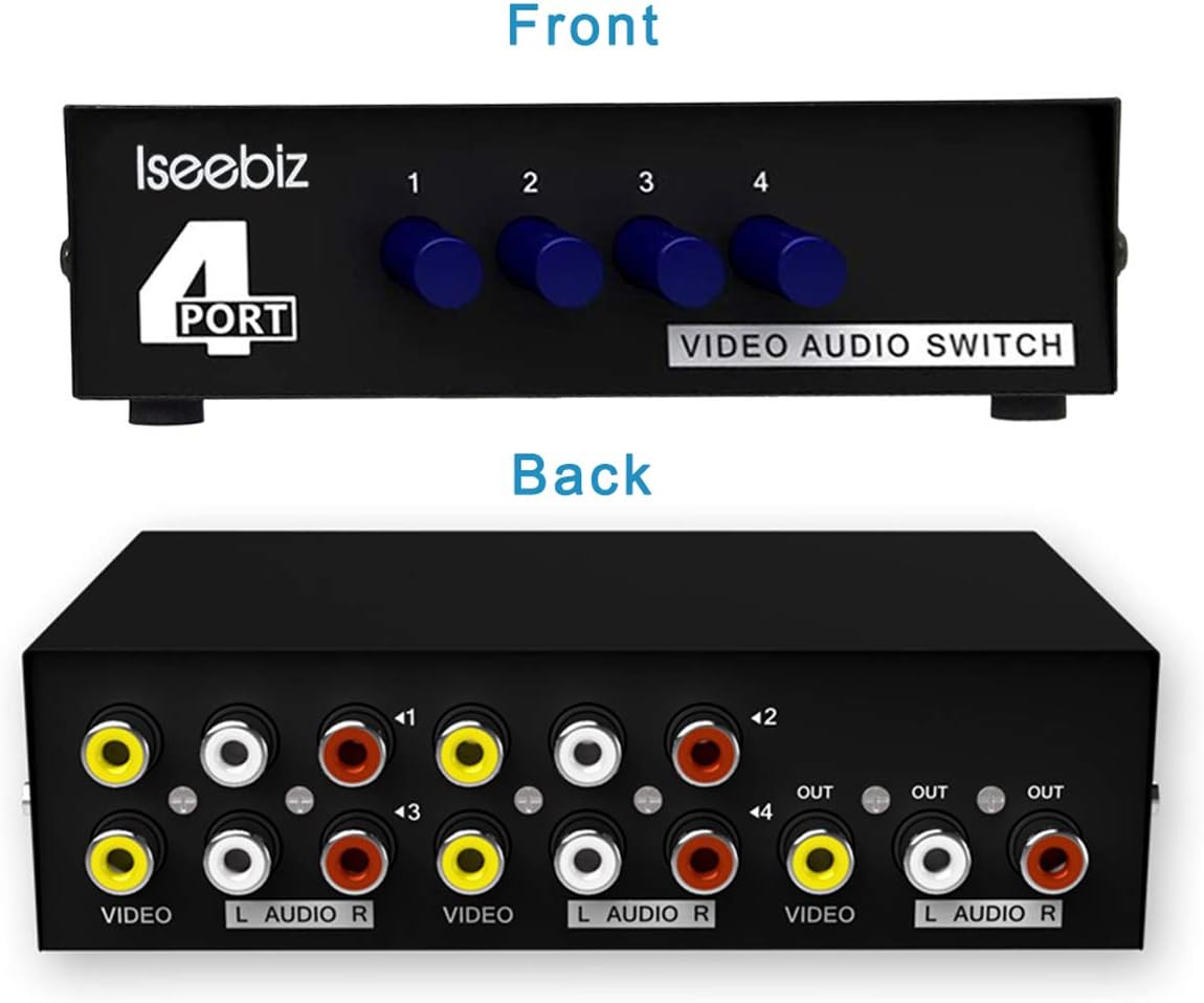 Iseebiz Audio Video RCA Switch, 4 in 1 Out 4-Way AV Switch, Composite Video L/R Audio Selector, Metal Housing RCA Switcher for STB DVD DVR Analog TV Game Consoles Projector Home Speaker in Education : Electronics