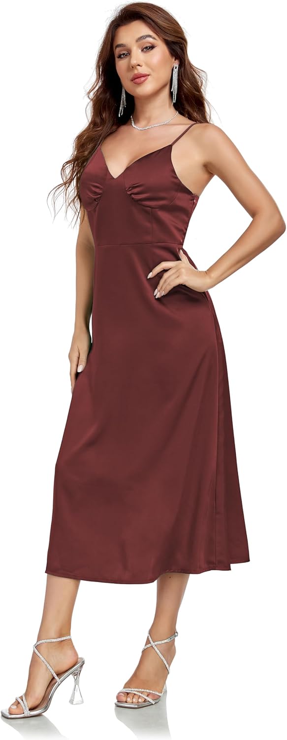 Women's Spaghetti Strap Midi Satin Silk Dress V Neck Cocktail Casual Party Sexy Summer Dresses - Image 4