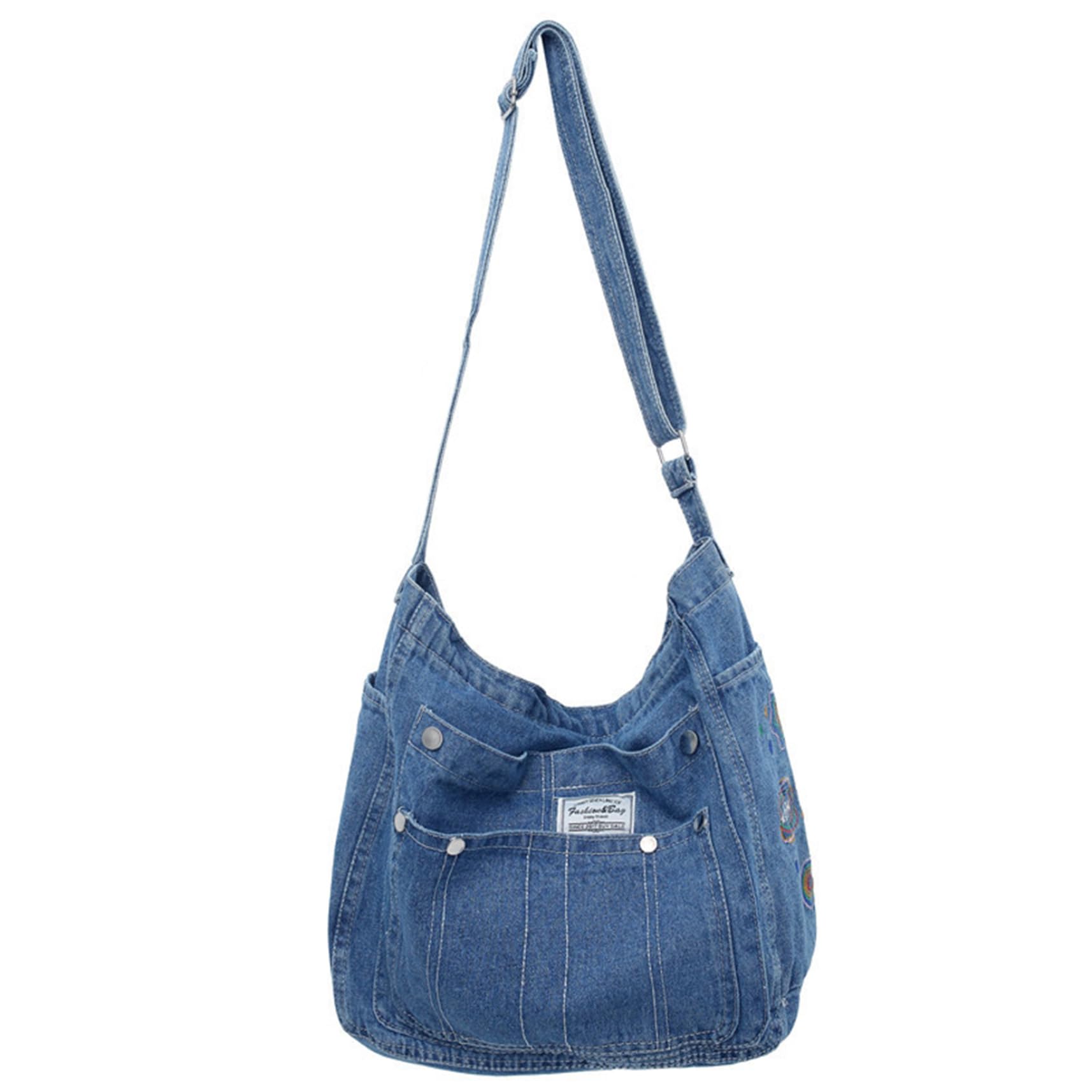 Vervevum Denim Bag for Women Casual Denim Crossbody Bag Multi-Pocket Shoulder Zipper Closure 14x5.5x13in Large Capacity Purse for Daily, Travel, Photo, Crossbody