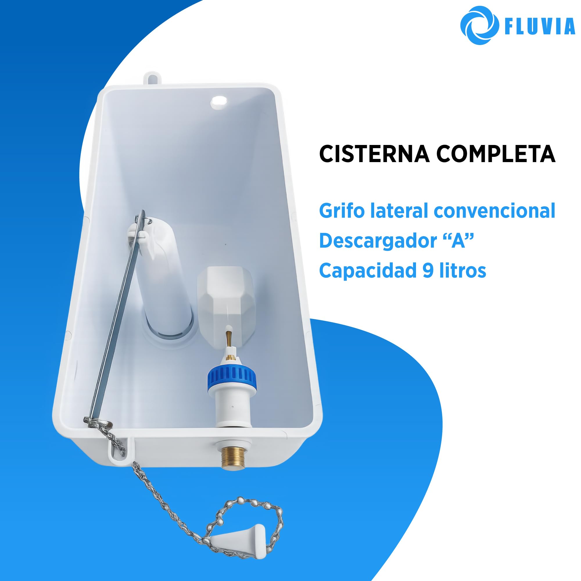 Cisterna Alta completa para inodoro de PVC |incluye Mecanismo de descarga flotador lateral y cadena | intalacion nueva o reemplazo |resistente y facil de montar FLUVIA