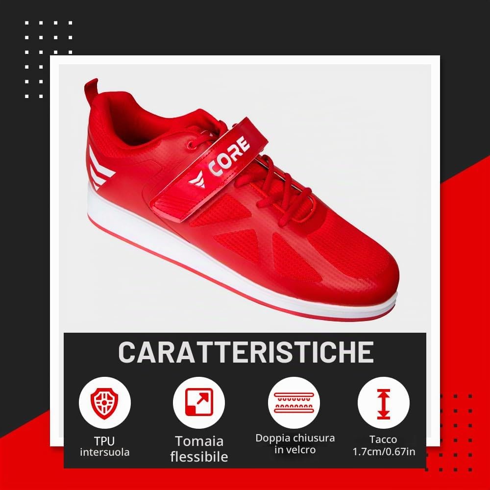 Nordcore Scarpe Sollevamento Pesi, Scarpe per Squat e Esercizi con Pesi Palestra, Calzature Olimpiche Powerlifting con Cinturino, Crossfit, Tacco 3,2cm