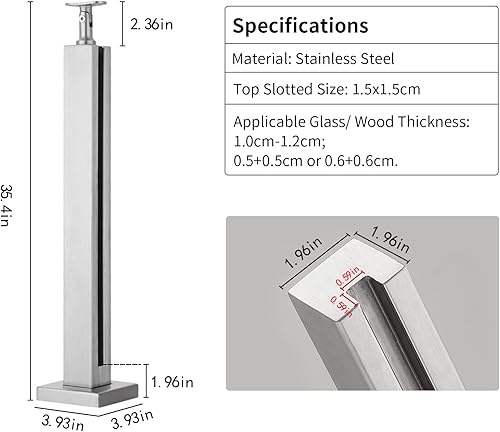 Miniatura 4 de Poste de balaustrada de vidrio de 35.4 pulgadas, poste de barandilla de vidrio de acero inoxidable 304 con ranuras para espiga y base resistente