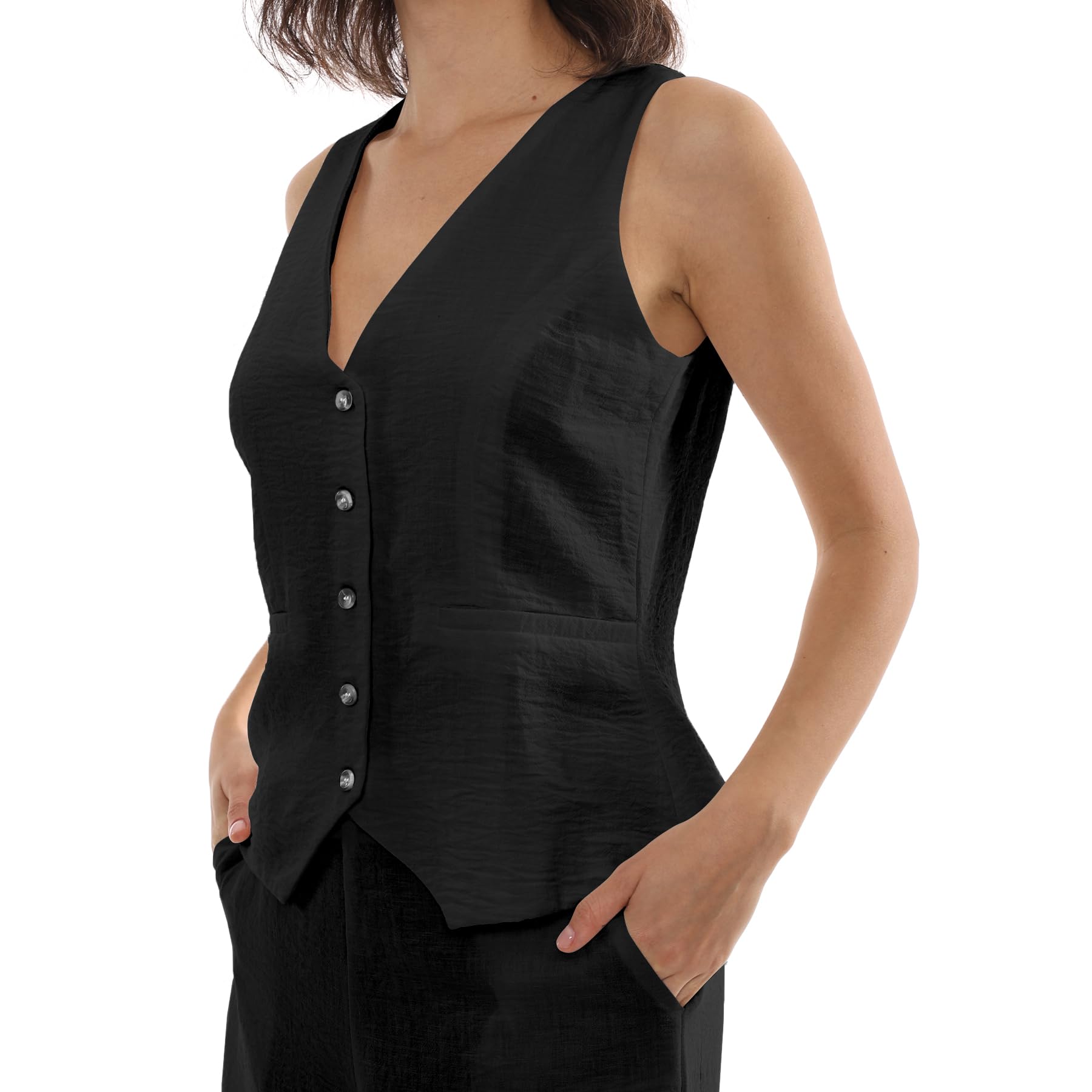 Amazhiyu Gilet da donna in misto lino, senza maniche, con bottoni, scollo a V, top estivo