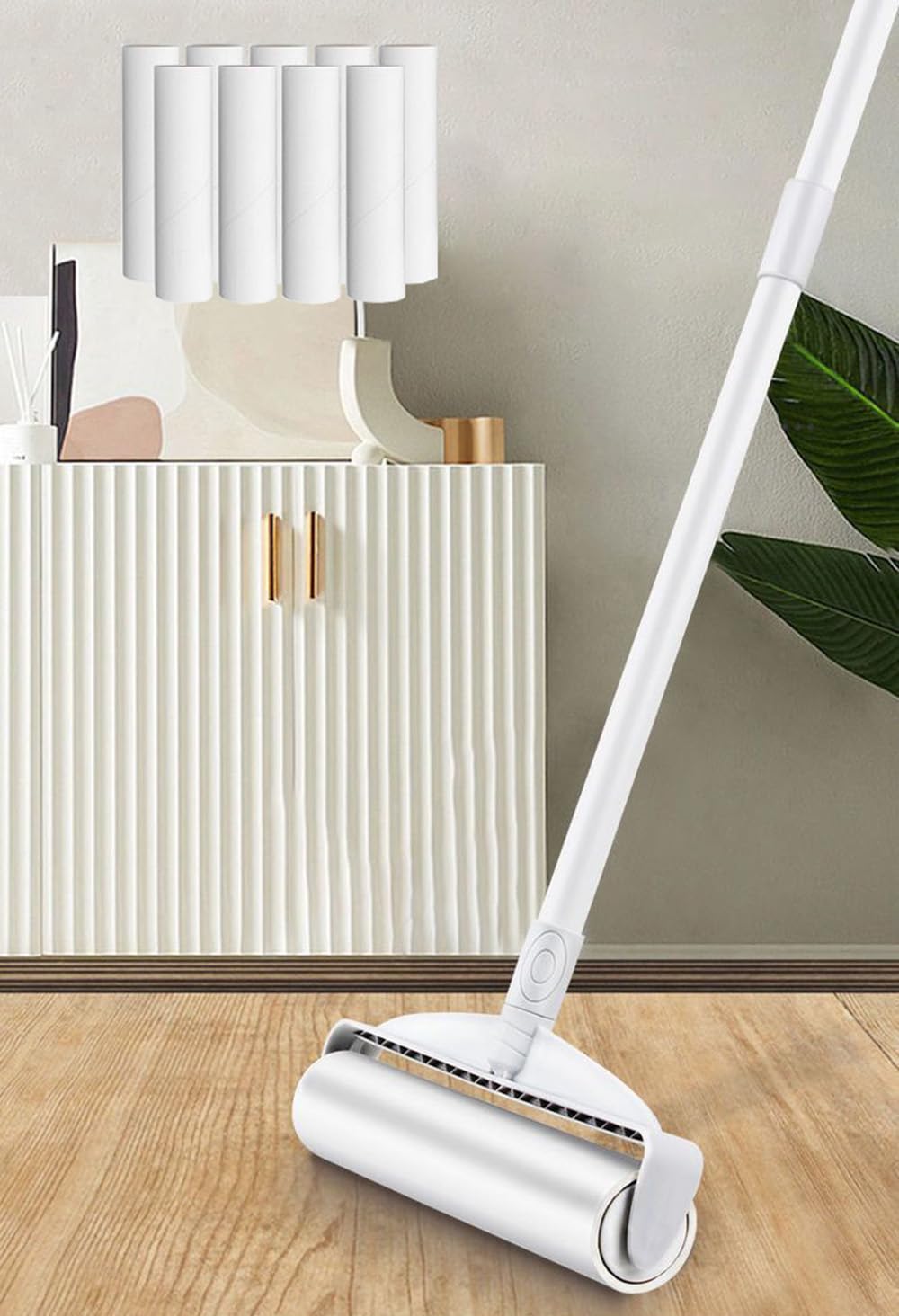 Large Surface Lint Roller with Extendable Long Handle Dust-Proof Cover，Pet Hair Remover with 9 Roll Refills, Extra Sticky,for Cleaning Furniture Carpet Floor Curtains and Pet Hair (White)