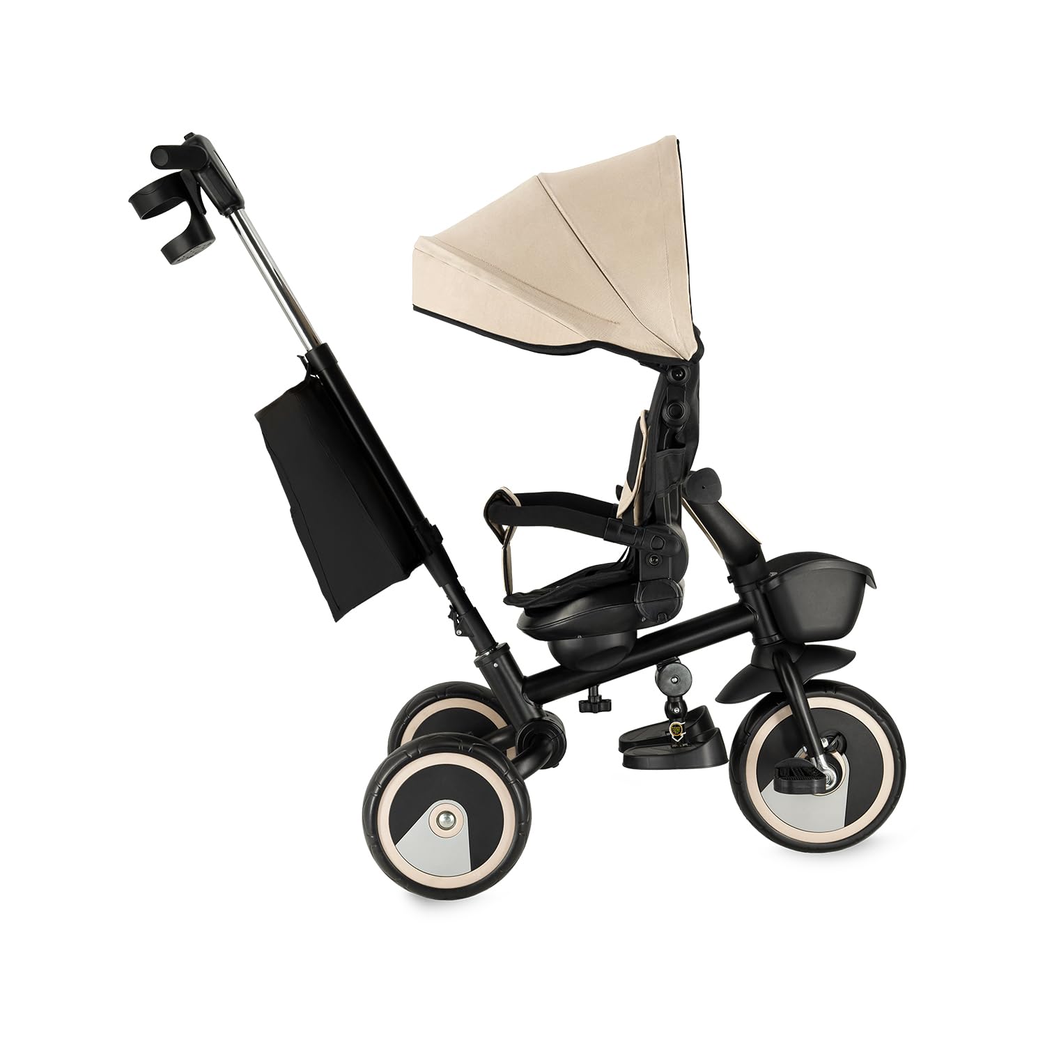 Triciclo per bambini MoMi IVI, seduta girevole 360°, cinture a 3 punti, poggiapiedi, tettuccio parasole, ruote EVA, manubrio regolabile, borsa e cestino portaoggetti