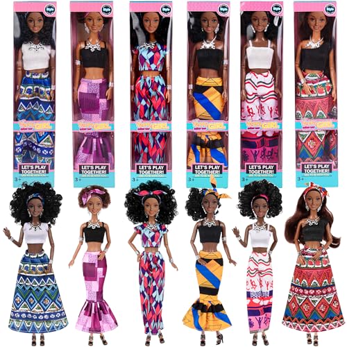 dollbie 6 Pack 11.5 inch African American Black Toy Doll Playset with Fashion Outfits Design and Accessories like Cronw Necklace Headsarf (Gift Box Package)