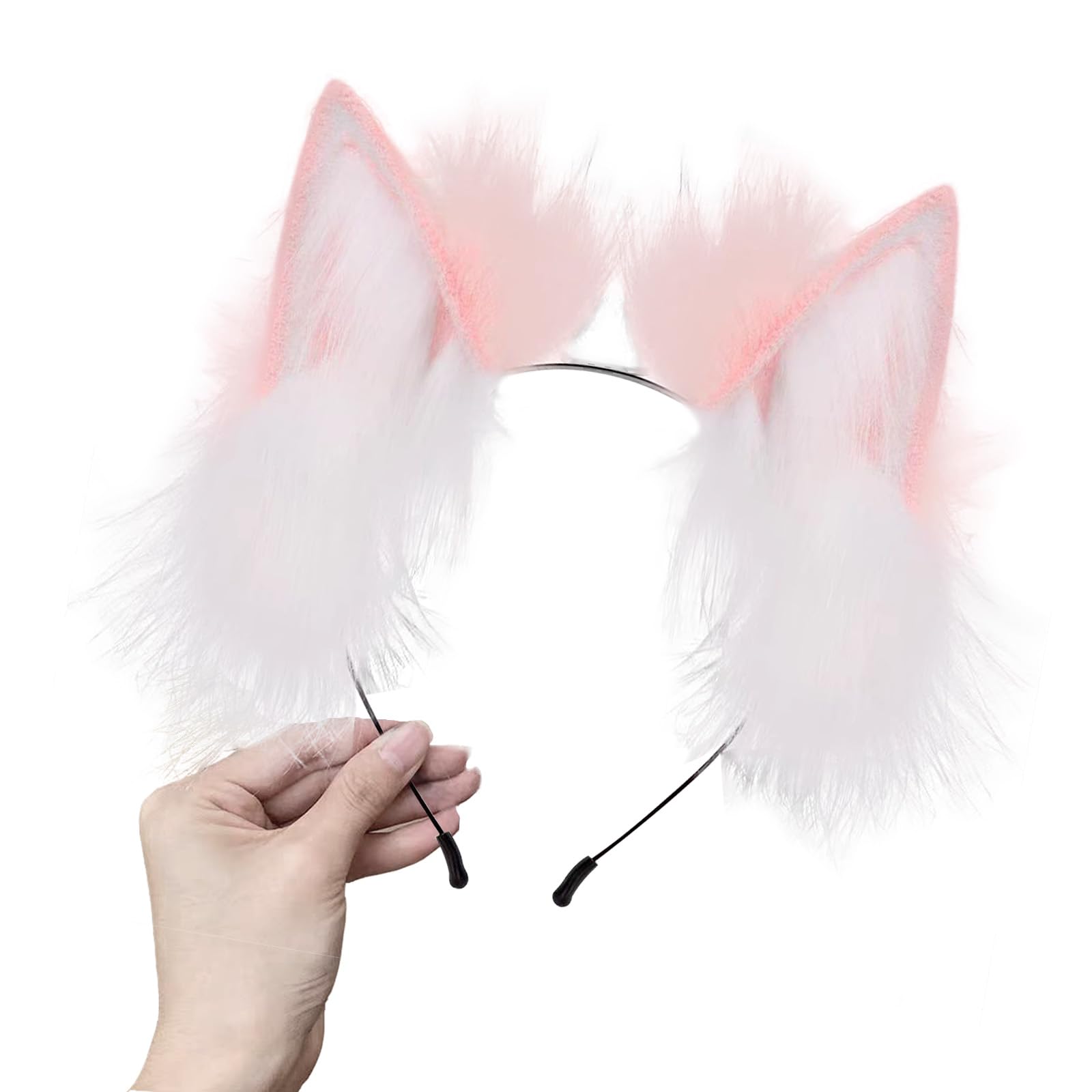 Ycfish Handmade Faux Fur Cat Ear Headband Cosplay Costume Party Cute Head Accessories for Halloween Fluffy Wolf Fox Cat Ears Headband Costume Hair Hoop (Pink white)