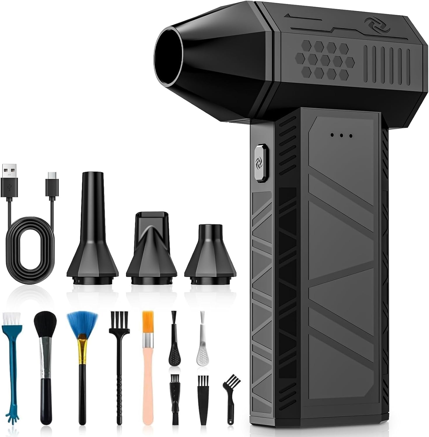 Souffleur Air Comprimé avec Lumière LED, 150000 TR/Min Souffleur avec Batterie 6000mAh, 3 Vitesses Mini Souffleur Sans fil Puissant avec Brosses de Nettoyage PC pour Voiture, Maison, Clavier