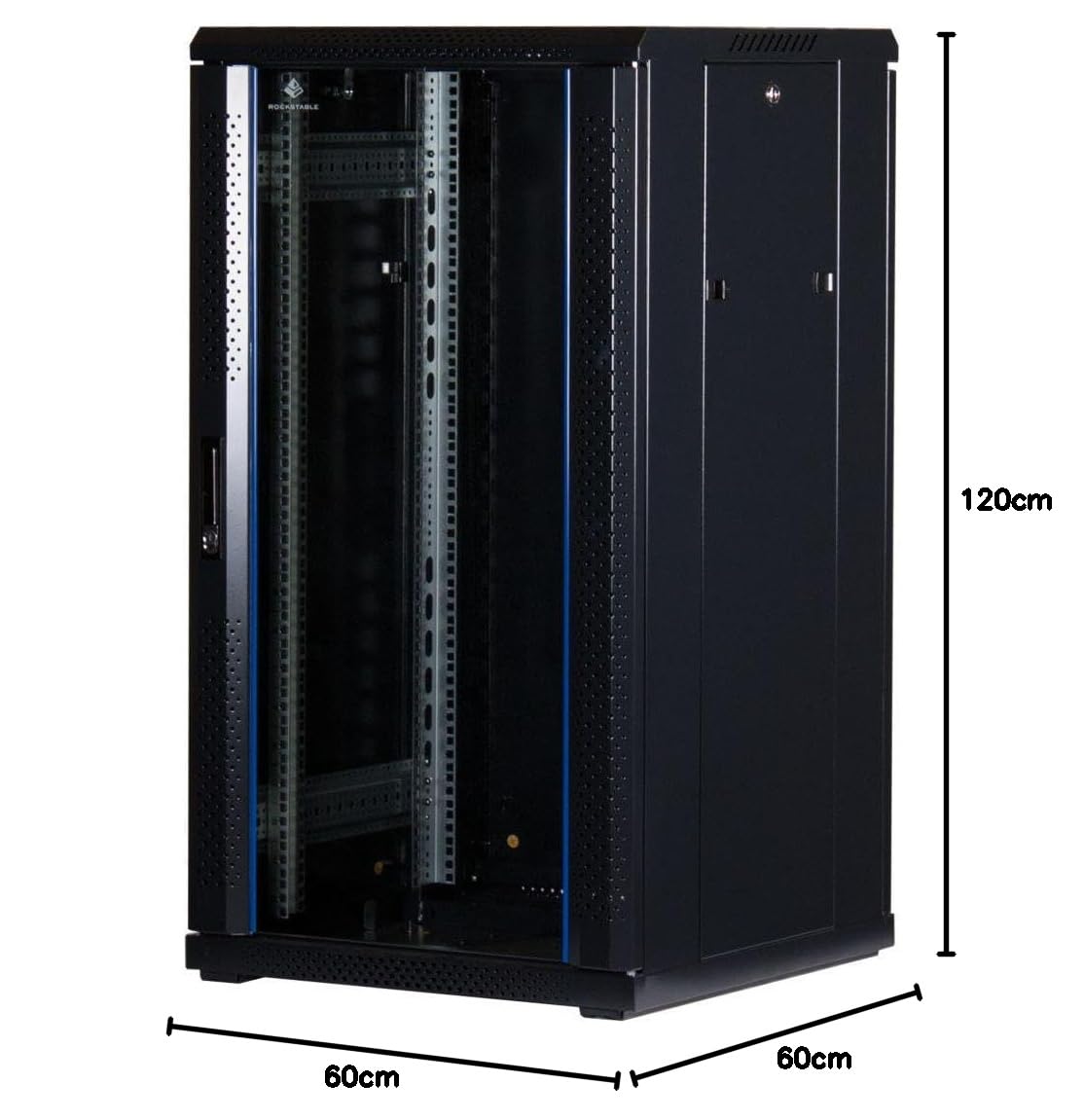 Rockstable 22HE 19 Zoll Serverschrank Netzwerkschrank (BxTxH) 600x600x1200mm mit Glastür - Türanschlag wechselbar - Türen und Seitenwände abnehmbar und verschließbar - Schwarz (RAL 9005)