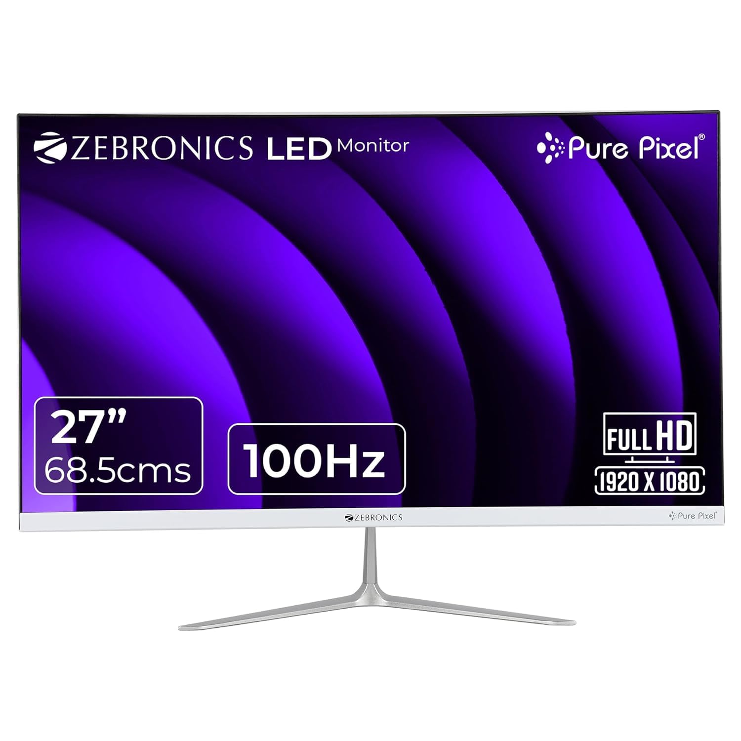ZEBRONICS SA127 LED Monitor, 27 inch (68.5cm), 250 nits, 100Hz, FHD, 1920×1080, HDMI, VGA, Ultra Slim Bezel, Built-in Speakers, Metal Stand, Wall Mountable (SA127)