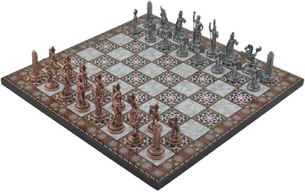 Metal Chess Set for Adults Greek Zeus Antique Copper Figures,Handmade Pieces and Different Design Wooden Chess Board (Mosaic)