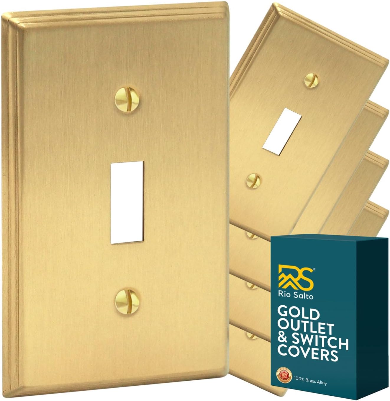 Rio Salto BRASS Metal Gold Toggle Light Switch Covers MIDSIZE Wall Plate Togle Switch Wallplate Decorative Gold Single Gang Wall Switch Plate Covers Brushed Brass Modern Linear (1-Gang Toggle 5-Pack)