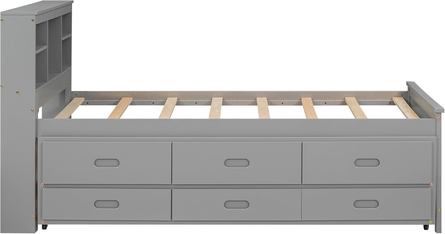 Favfurish Twin Size Platform Bed with Storage Headboard,2 USB Ports and 2 Plugs, Twin-Size Trundle & 3 Drawers, No Box Spring Required,Bedroom Furniture for Children,Teenagers,Adults,Gray