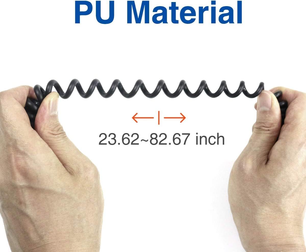 Hands stretching the coiled cable of the TYT TH-47 Handheld Microphone Speaker, illustrating its flexibility and extended length.