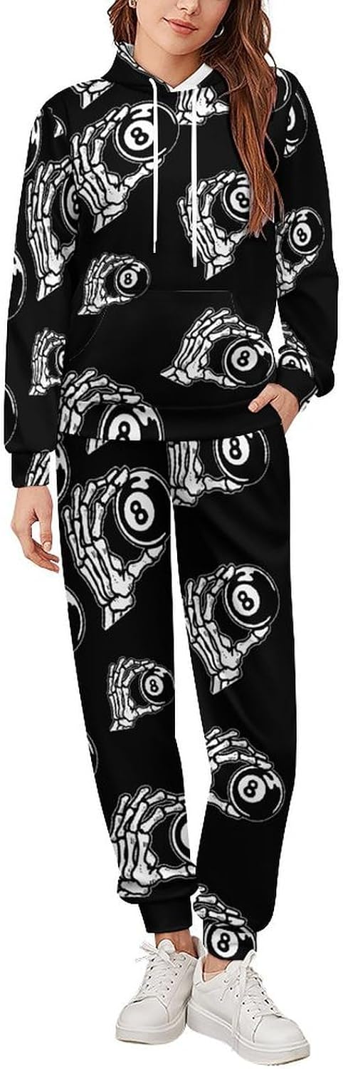 Billiards Skeleton Hand 8 Eight Ball Womens 2 Piece Outfits for Mens Lounge Hoodies Set Sweatsuit Tracksuits