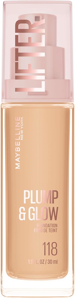 Maybelline Lifter Plump & Glow Foundation, base líquida con 2% de niacinamida + ácido hialurónico, maquillaje facial voluminizador e iluminador, 118, 1 unidad