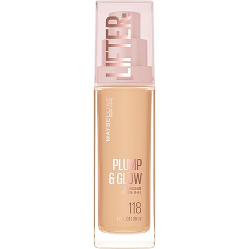 Maybelline Lifter Plump & Glow Foundation, Liquid Foundation with 2% Niacinamide + Hyaluronic Acid, Plumping and Brightening Face Makeup, 118, 1 Count
