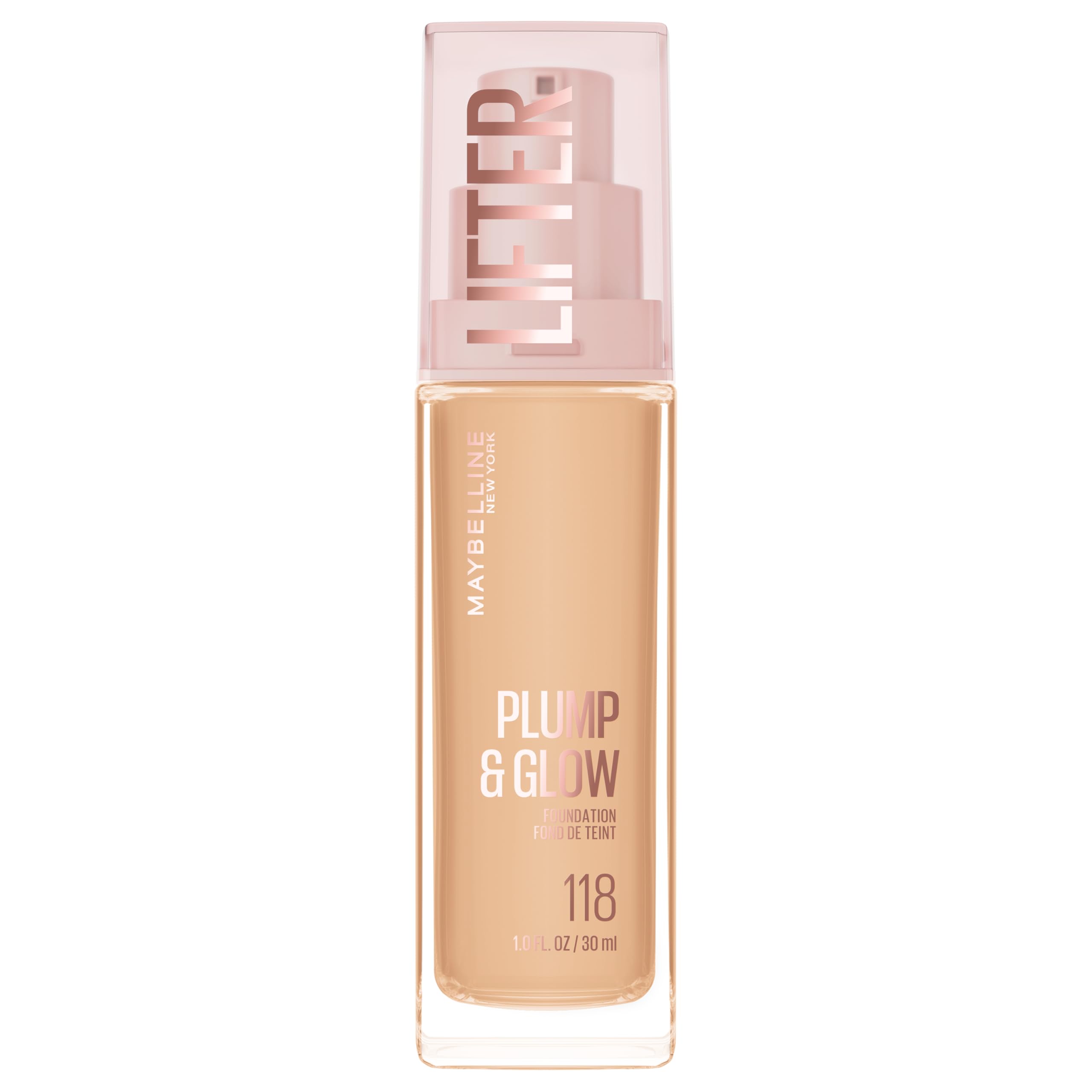 Maybelline Lifter Plump & Glow Foundation, Liquid Foundation with 2% Niacinamide + Hyaluronic Acid, Plumping and Brightening Face Makeup, 118, 1 Count 118 WARM