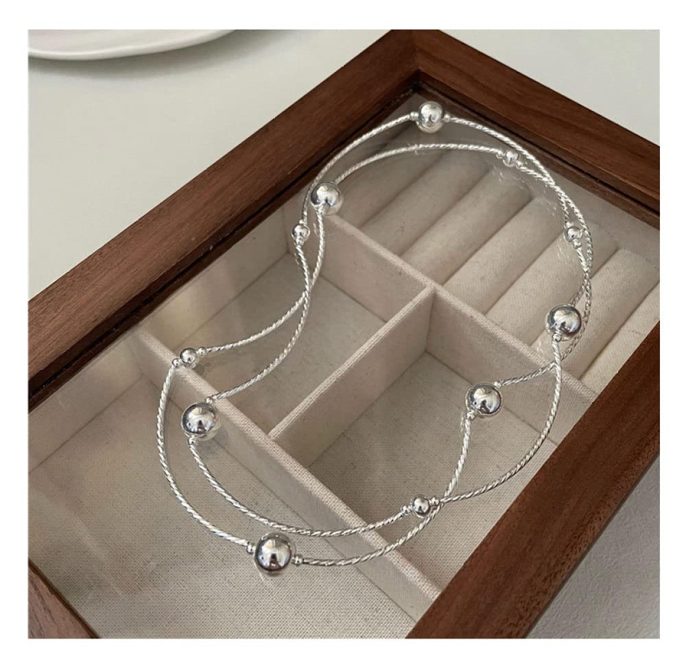 LYGXWJFC Bracciale in Argento Sterling, Bracciale in Argento Sterling S925 Multistrato Avvolgimento Tubo Piegato Perline Rotonde Bracciale in Argento Bracciale Elastico Catena in Argento Gioielli di