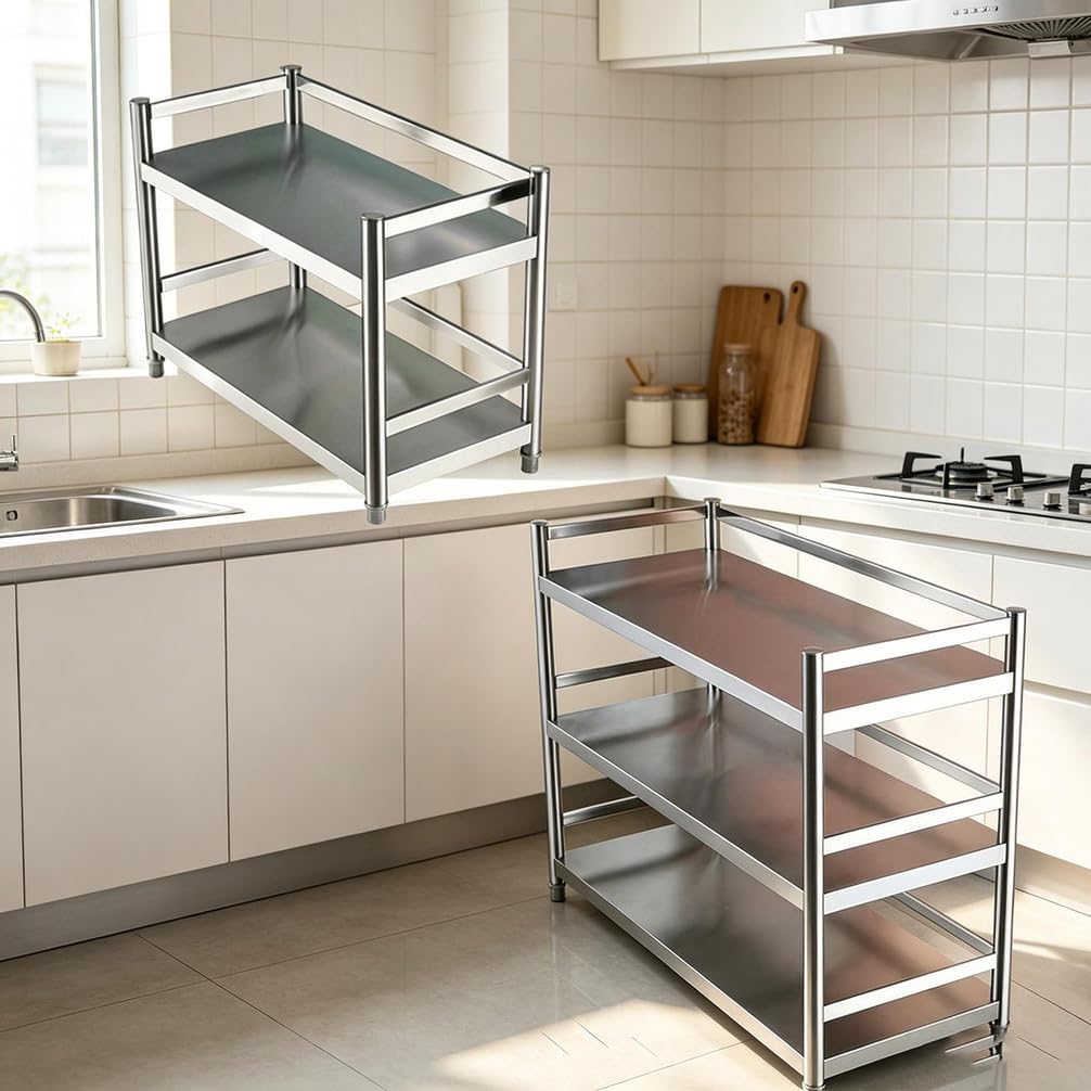 Banco da Lavoro Officina con Gambe Regolabili Tavoli Acciaio Inox Scaffale Portaoggetti con Sponde di Protezione Preparazio Taglio Multifunzionale per Ristoranti,Argento,B/L60*H95*W40