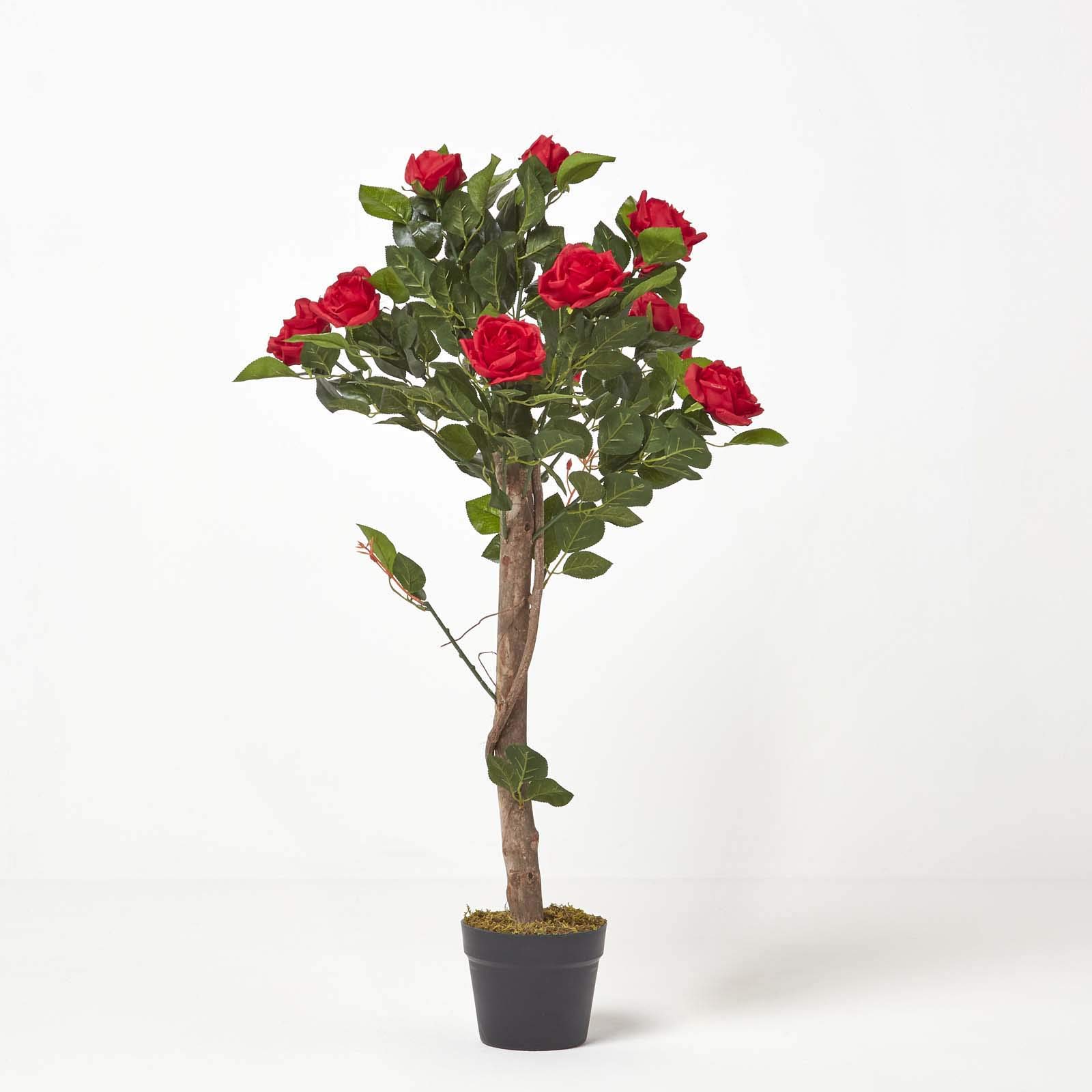 HOMESCAPES Rosier Artificiel Rouge Fleuri en Pot 90 cm