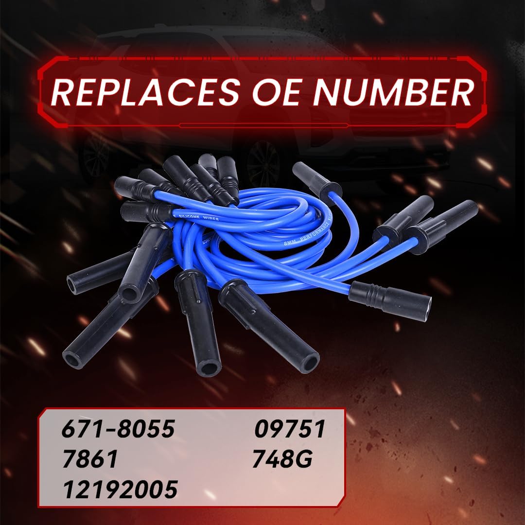 RLP Silicone Spark Plug Wires Set Blue 8.0mm Compatible with 1996-2000 Chevy C2500 C3500 k2500 K3500 P30 G30 Express GMC P3500 Savana 7.4L 454 V8 Vortec Engine with Coil Wire- Pack of 9