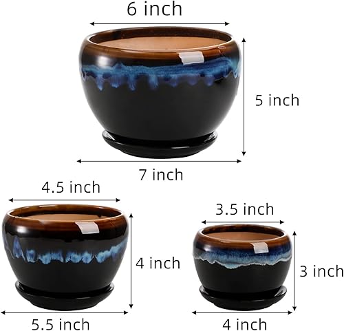 Miniatura 2 de AVLA Paquete de 3 macetas de cerámica, maceta esmaltada por goteo de jardinería, maceta con orificio de drenaje y platillo, contenedor rústico de