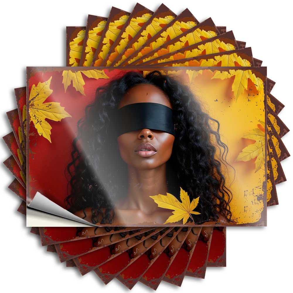 Decals Patio Decorations Outdoor Easy Apply | Autumnal Serenity: A Blindfolded Portrait Amidst Falling Leaves High Bottle Peel and Stick(6X9CM)