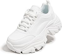 KKIPWOK Women's Chunky Platform Sneakers - White Leather Dad Shoes with 3.15" Comfort Wedge Sole for Walking