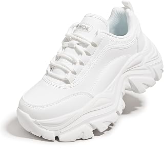 KKIPWOK Women's Chunky Platform Sneakers - White Leather Dad Shoes with 3.15" Comfort Wedge Sole for Walking
