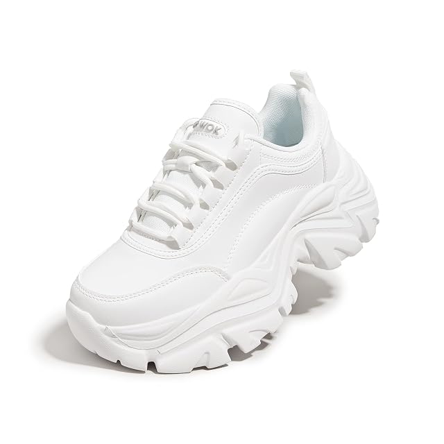 K KIP WOK Chunky Sneakers for Women Fashion Platform White Leather Casual Dad Shoes Comfortable Wedge Walking Sport