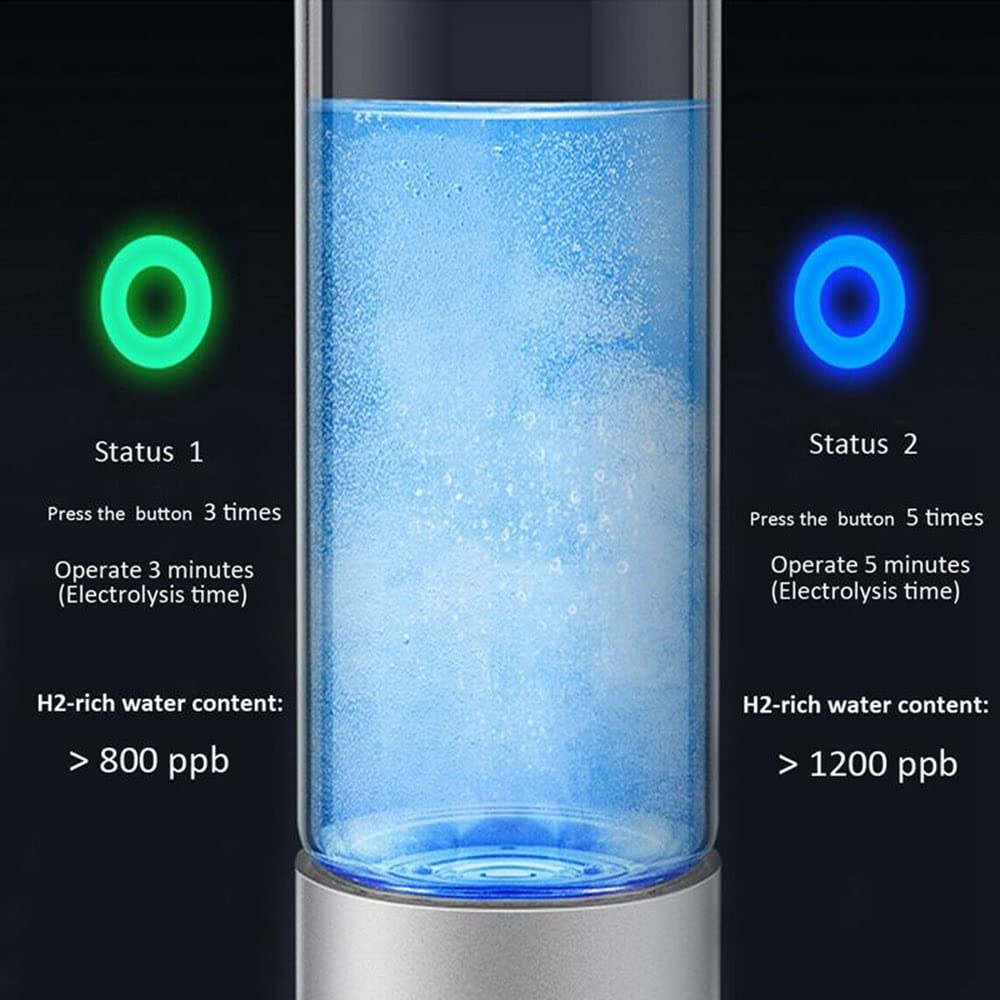 Botella Agua alcalina hidrógeno Generador portátil Agua Rica en hidrógeno Modo ionizador 3 Minutos y 5 Minutos Hace Que Contenido hidrógeno Sea hasta 800-1300 PPB Botella Vidrio Deportiva antioxida