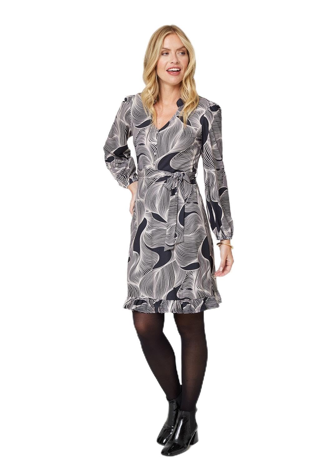 Izabel London Women's Beige Abstract Ruffled Tie Waist Knee Length Dress In | Size: 8