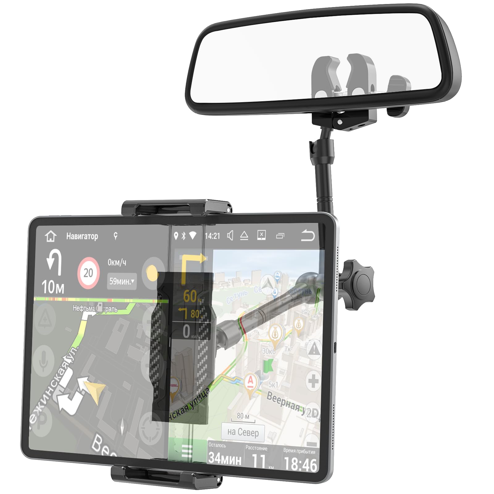 Soporte para tablet con espejo retrovisor, brazo largo de metal flexible, rotación de 360° y soporte plegable para tableta, se adapta a fundas gruesas (profundidad máxima de 1.18 pulgadas) para iPad