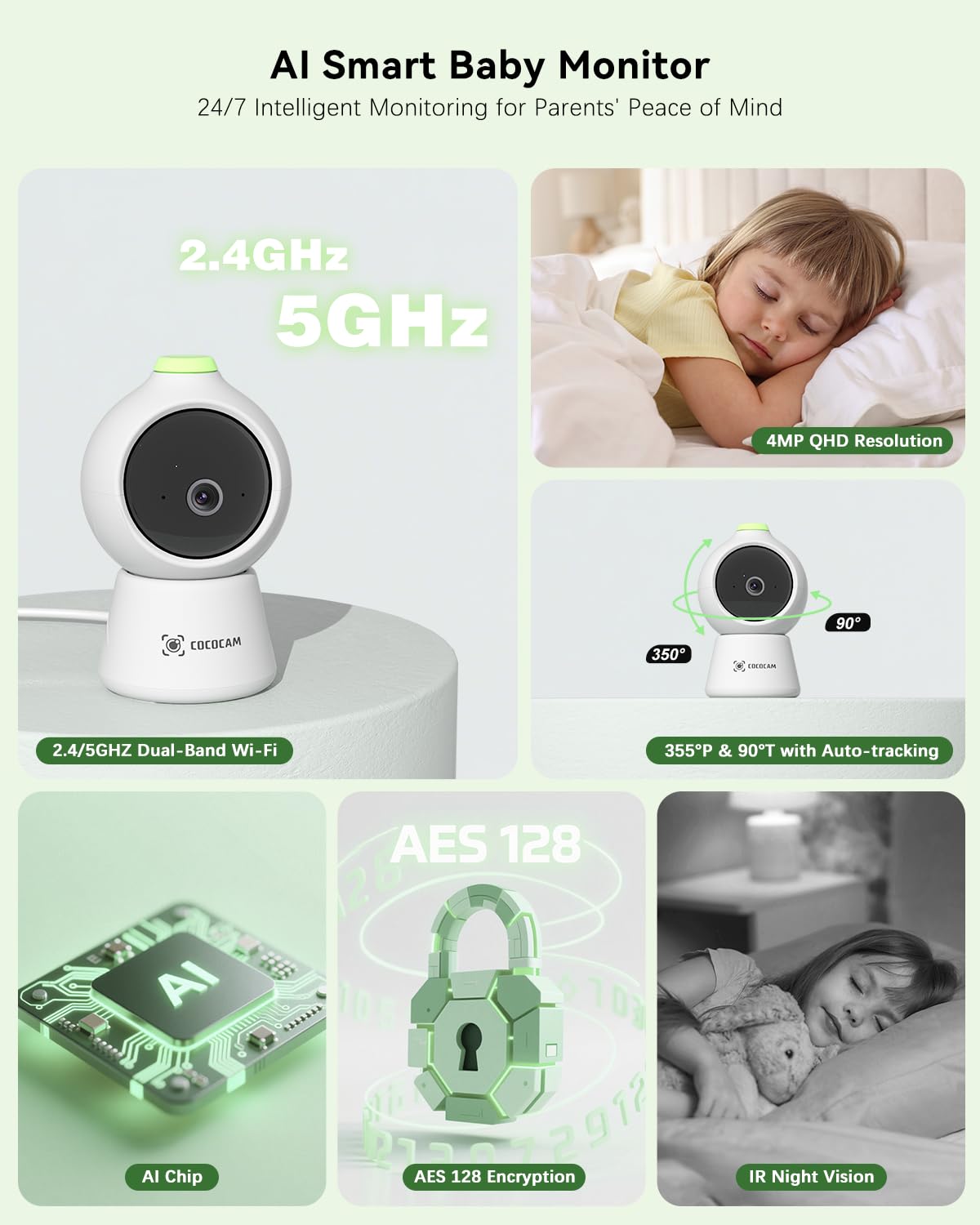COCOCAM 2K 4MP AI Baby Camera Monitor, 5" Display, 2.4G/5GHZ WiFi, Covering Face/Sleeping on Stomach Detection - Image 2