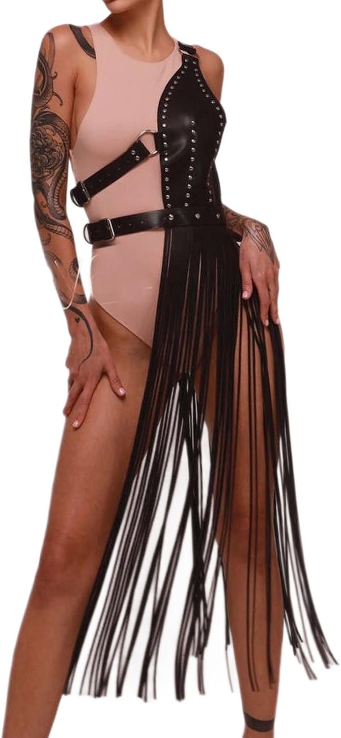 Punk Fringed Waist Belt Long Suspender Belt For Women PU Leather Adjustable Accessory For Party and Stage Performances