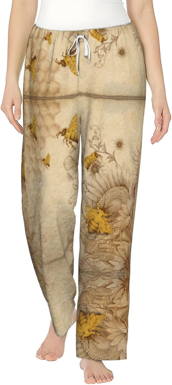 Rural Honey Bees Flowers Print Cozy Christmas Pajama Pants,Flannel Pajama Bottoms,Cater To Various Body Types