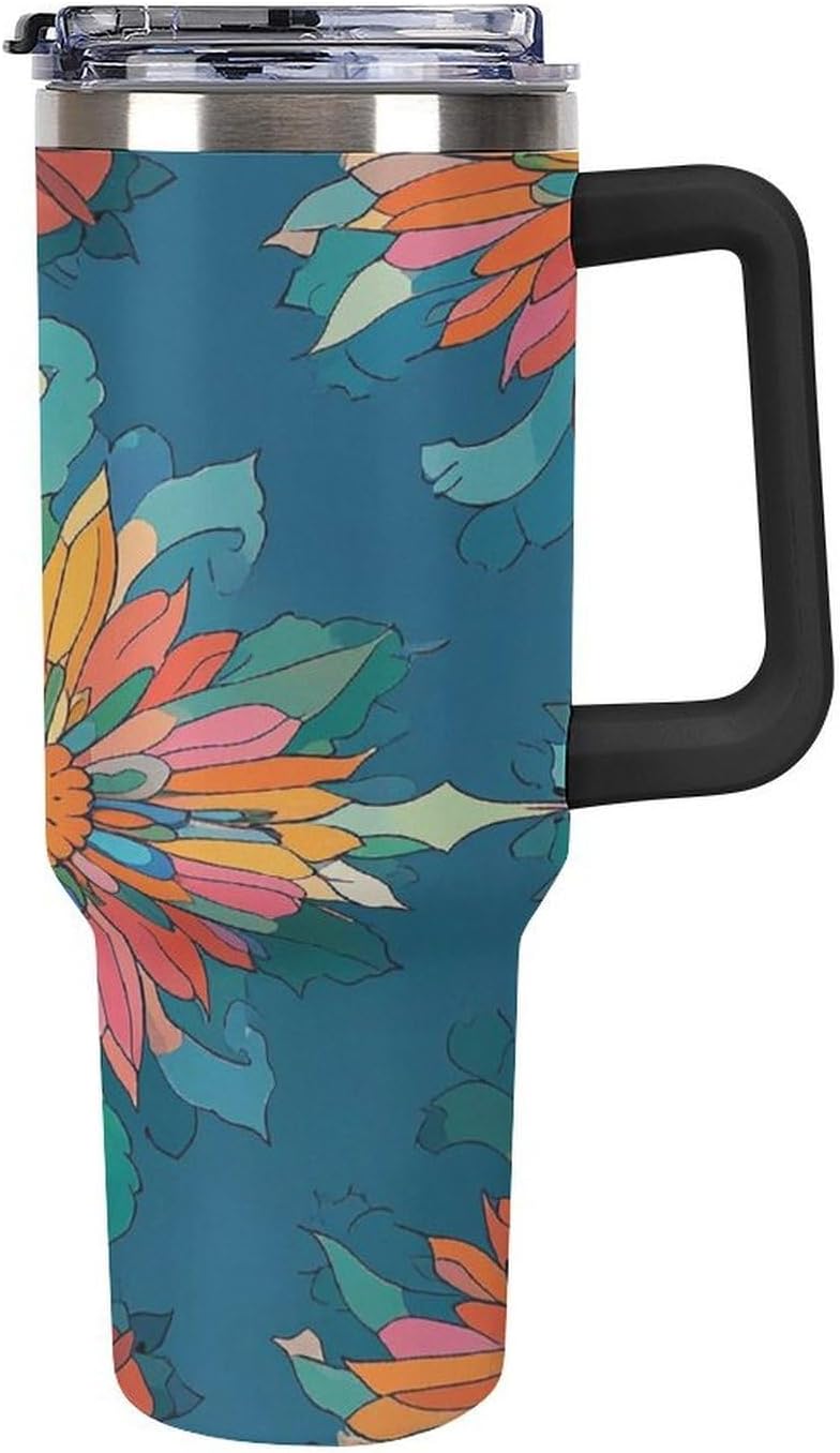 Vibrantly Colored Scottish Thistle Pattern Travel Coffee Mug Reusable Durable Stainless Steel Insulated Tumbler with Handle And Straw Leak Resistant Portable Thermal Cup Gifts for Men Women 40 Oz