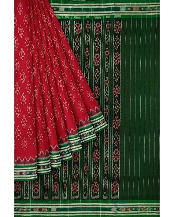 Image of NUAPATANAPATA Odisha Sambalpuri Handloom Women's Cotton Saree - Sambalpuri Handmade Pure Cotton Khandua Natural Cotton Ikat - Red Green, 5.5 Meters