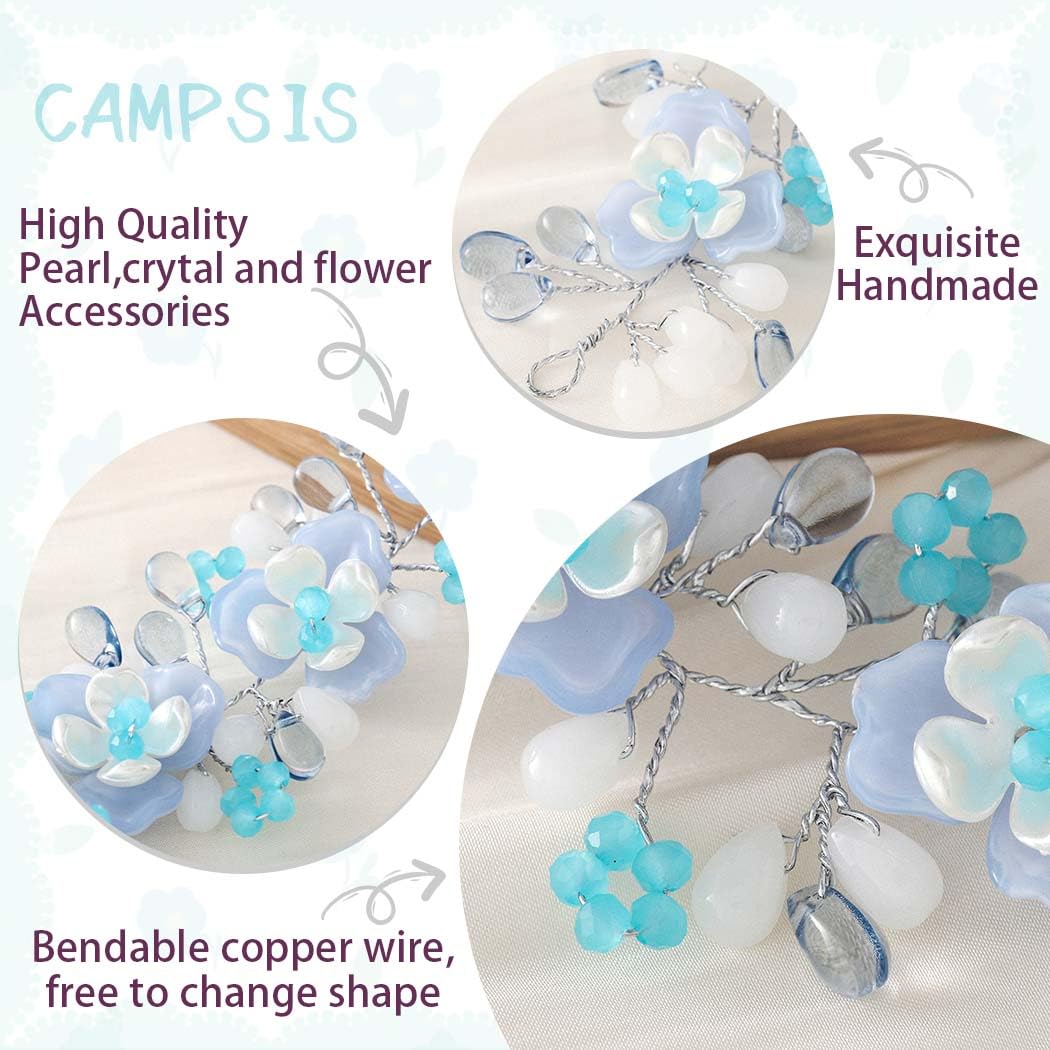Campsis Haarschmuck mit blauen Blumen für Mädchen, glitzerndes