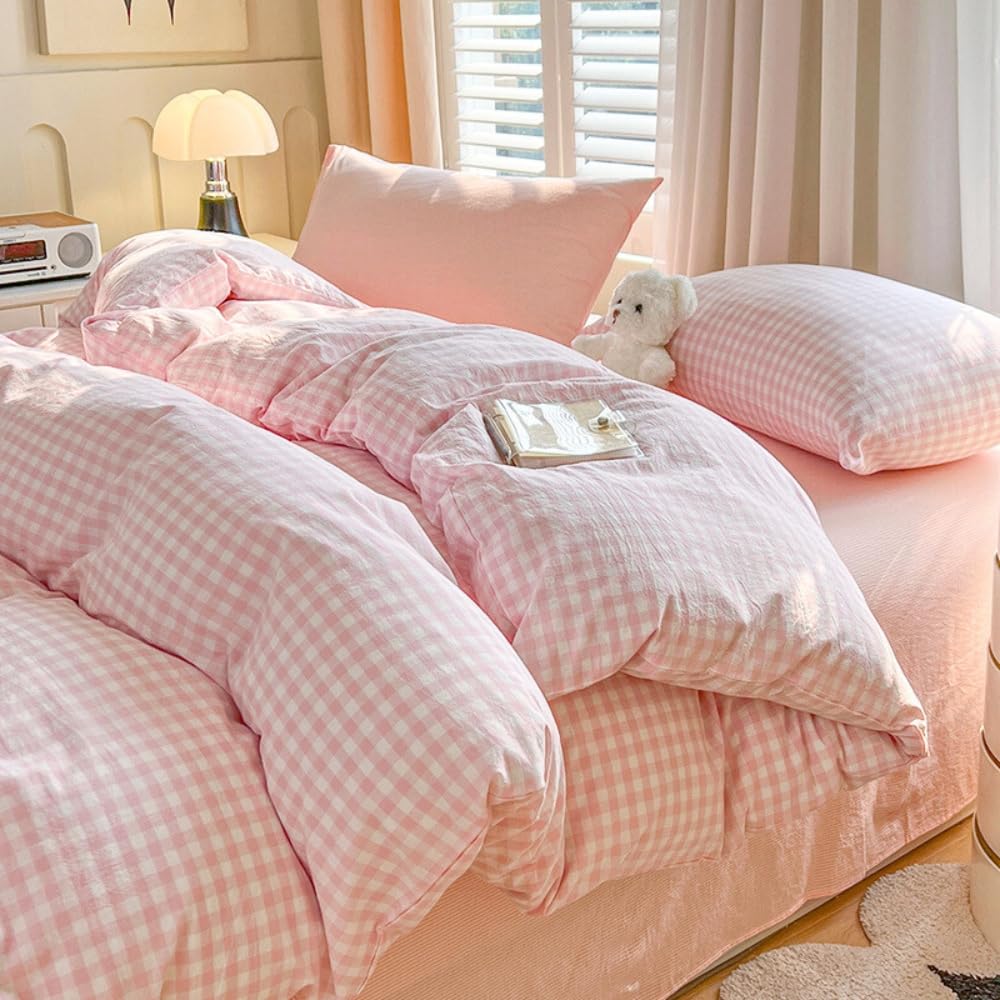 Nayoroom Single Duvet Cover Set Pink White Plaid Gingham Country Style Bedding Set Grid Checkered Soft Microfibre Girls Single Bed Comforter Quilt Cover 135x200 and Pillowcase 50x75 cm Zipper Closure