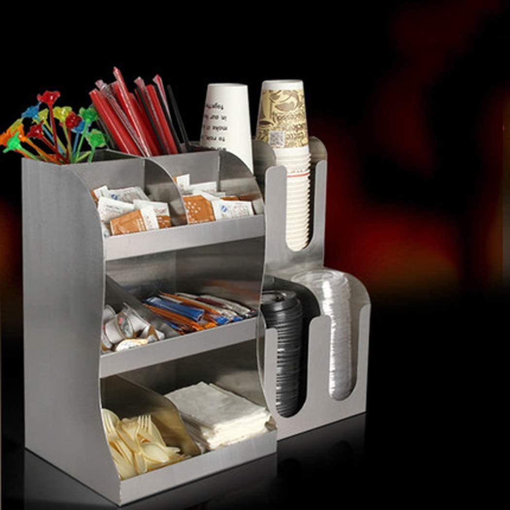 Commercial Coffee Spice Organizer Accessories Storage Racks Cups Lids Sugar Cream Straw Napkins Shelf Stainless Steel B (AB)