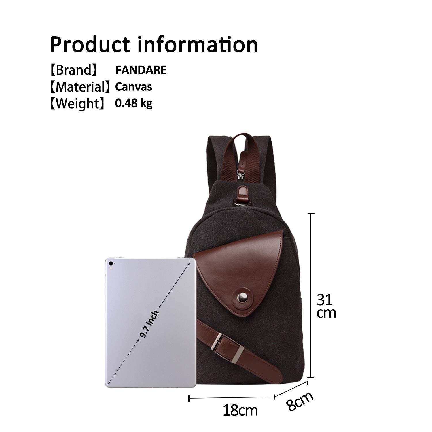 FANDARE Unisexe Sac de Poitrine Homme Sac À Dos Femme Sling Bag Toile Sac d'Epaule Sacoche Sac Bandoulière pour Affaires Université École Cyclisme Camping Voyage Casual Daypacks Noir L